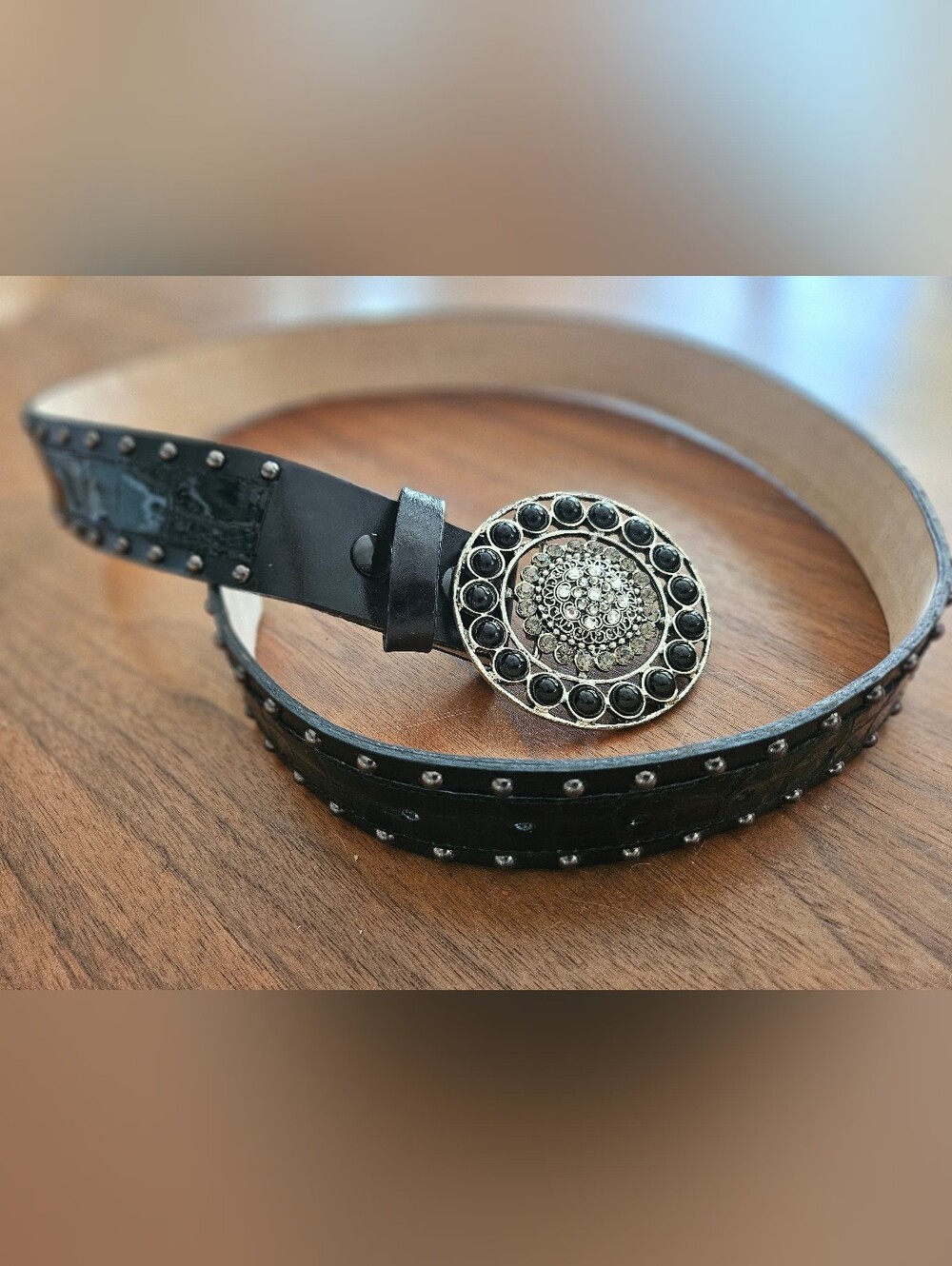 Vintage Cache USA Black Genuine Leather Belt Ornate Round Blingy Buckle L